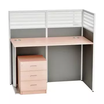 Dela GT20 single L-shape partition workstation in oak finish with grey fabric panels quarter glass top and 3-drawer mobile pedestal