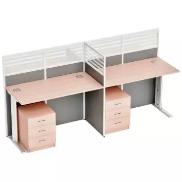 Dela GT20 T-shape two-person partition workstation in oak and grey fabric with quarter glass top panels and mobile pedestals