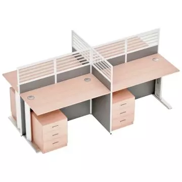 Dela GT20 four-person cross shape partition workstation in oak finish with grey fabric panels and mobile pedestals