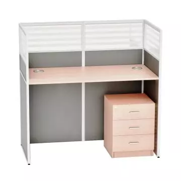 Dela GT20 single L-shape partition workstation in oak finish with grey fabric panels quarter glass top and 3-drawer mobile pedestal