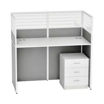 Dela GT20 single L-shape partition workstation in white and fabric grey with quarter glass top panels and 3-drawer mobile pedestal