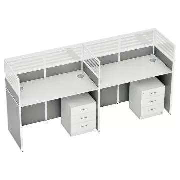 Two white office workstations with frosted glass dividers  each featuring a lockable three-drawer pedestal unit.