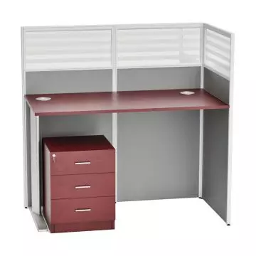 Dela GT20 single L-shape partition workstation in apple cherry with grey fabric panels quarter glass top and 3-drawer mobile pedestal