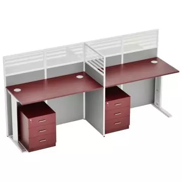 Dela GT20 T-shape two-person partition workstation in Apple Cherry with grey fabric panels and quarter glass top