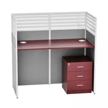 Dela GT20 single L-shape partition workstation in apple cherry with grey fabric panels quarter glass top and 3-drawer mobile pedestal