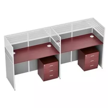 Dela GT20 T-shape two-person partition workstation in apple cherry and grey fabric with mobile pedestals