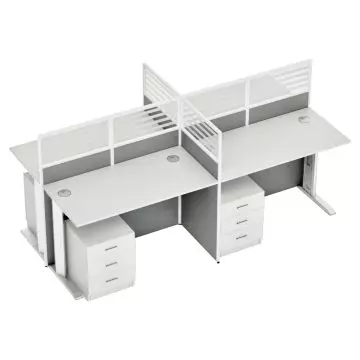 Four-person white office workstation with privacy panels and integrated cable management holes.