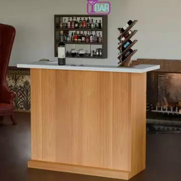 Mahmayi Modern Home Bar Table with Storage Shelves 8-Bottle Wine Rack and Refrigerator Space, Freestanding Wooden Liquor Bar Table with Large Countertop and Cable Management for Living Room, Dining Room and Entertainment Area, Light Walnut with White