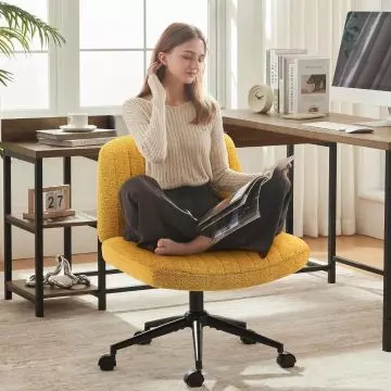 Dowinx Swivel Accent Chair with Wheels, Upholstered Comfy Desk Chair with U-Shaped Pocket Spring Cushion, Adjustable Height, 360-Degree Rotating Lounge Chair for Bedroom, Living Room, Home and Office, Yellow