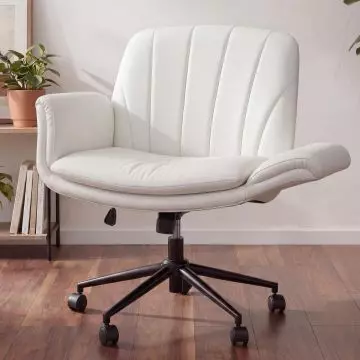 Dowinx PU Leather Chair with 5-Level Adjustable Armrests, Wide Cushioned Seat, Ergonomic C-Shaped Back Support, Height Adjustable, 360-Degree Swivel and Rocking Function Ideal for Home and Office, White
