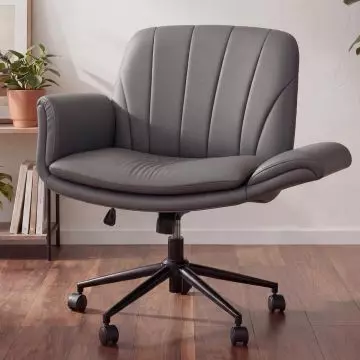 Dowinx PU Leather Chair with 5-Level Adjustable Armrests, Wide Cushioned Seat, Ergonomic C-Shaped Back Support, Height Adjustable, 360-Degree Swivel and Rocking Function Ideal for Home and Office, Grey
