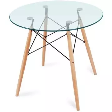 Mahmayi HYT12 round glass dining table with natural beech wood legs and black steel cross-brace frame on white background
