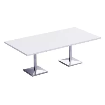 white rectangular modular table with dual chrome pedestal bases