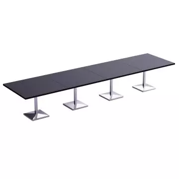 modular table configuration with black wood top and four chrome pedestal bases