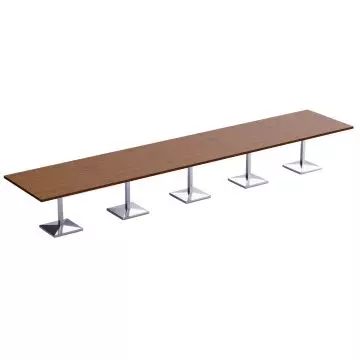 long modular dark walnut table with five pedestal bases