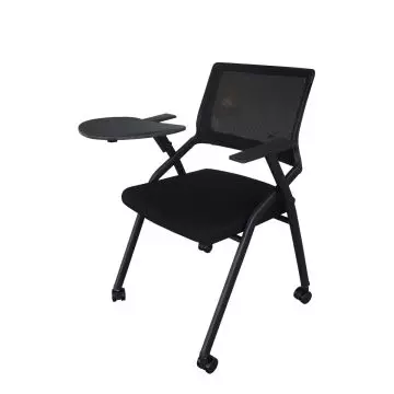 Mahmayi SL 632L black folding chair with mesh back foldable arm tablet and wheels shown at angle