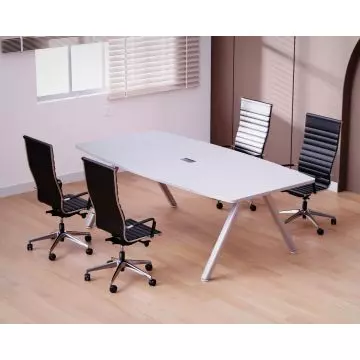 Mahmayi Incontro C148-24 white conference table with angled silver legs styled in a modern meeting room with black office chairs