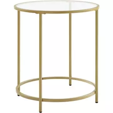 Round glass side table with gold metal frame and circular base ring