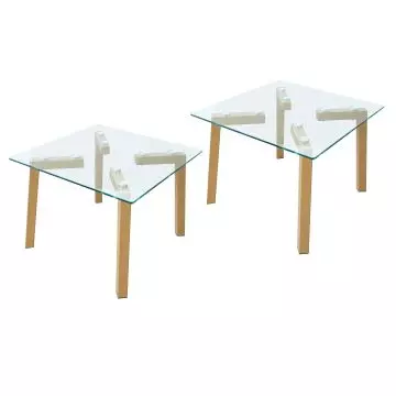 Mahmayi HYCT12-60 glass coffee table set of 2 with clear tempered glass tops and natural wood legs shown on white background