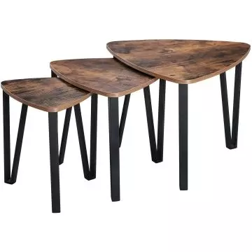 three triangular nesting tables with rustic brown tops and black metal legs