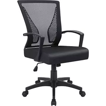 Black ergonomic office chair with mesh back  cushioned seat  adjustable height  and armrests on a wheeled base.
