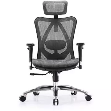 Front view grey mesh ergonomic office chair with headrest