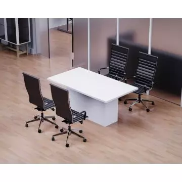 Modern office meeting room with a white rectangular table and four black ergonomic swivel chairs on a light wooden floor.