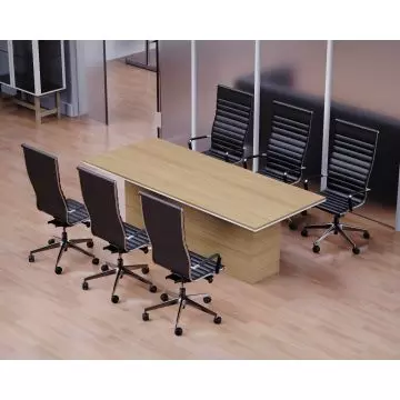 Modern office conference room with a light wood rectangular table and six black leather swivel chairs on a light wood floor.