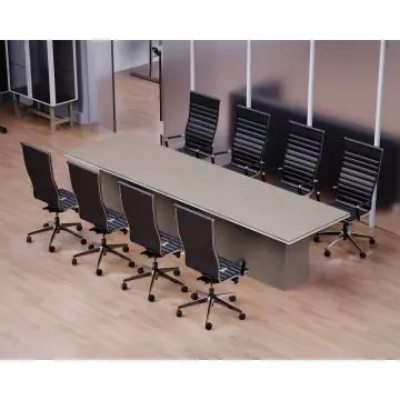 Modern conference room with a long rectangular table and eight black leather swivel chairs on a light wooden floor.