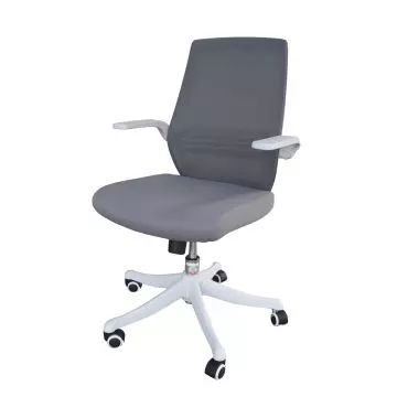 Grey mesh office chair with white base and flip up arms