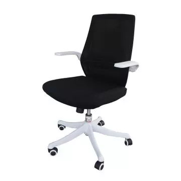 Black mesh office chair with white frame and flip up arms
