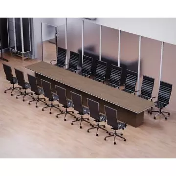 Modern conference room with a long wooden table and thirteen black leather swivel chairs on a polished wooden floor.