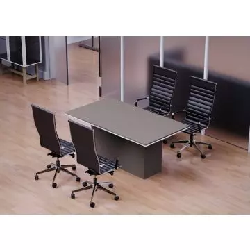 Modern office meeting room with a rectangular gray table and four black leather swivel chairs on a wooden floor.