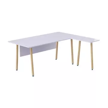 Mahmayi white L-shaped executive workstation with natural wood tapered legs and modesty panel front angle view