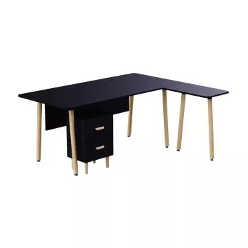 Mahmayi black L-shaped executive workstation with wooden storage unit and natural wood legs angled view