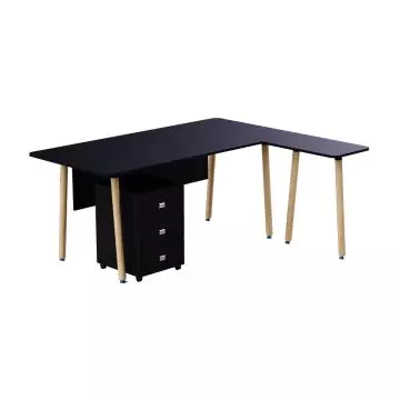 Mahmayi black L-shaped executive workstation with natural wood legs and 3-drawer mobile pedestal