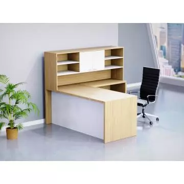 Mahmayi Coco Bolo Premium White L-shaped executive desk with overhead hutch shelves and white cabinet doors styled in a modern office setting