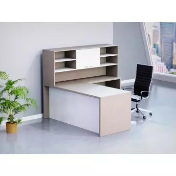 Mahmayi L-shaped executive desk in light concrete and premium white finish styled in a modern office setting with overhead hutch storage