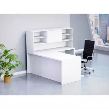 Mahmayi Premium White L-shaped executive desk with overhead hutch shelves styled in a modern office setting with black executive chair