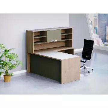Mahmayi Truffle Davos Oak Lava Grey L-shaped executive desk with overhead hutch shelves and lava grey modesty panel styled in a modern office setting