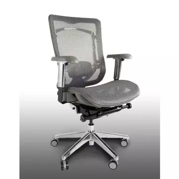 Grey medium back mesh office chair with polished aluminium base and double-caster wheels shown at an angle