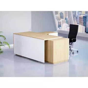 Modern L-shaped office desk with a light wood finish  white panel accents  and an ergonomic black office chair in a city-view office.