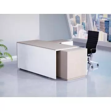 Modern office with a beige and white L-shaped desk  a black ergonomic chair  and a large window showing a cityscape view.