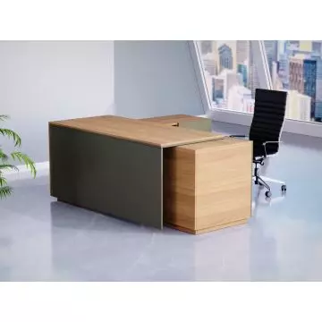 Modern L-shaped wooden office desk with a black side panel  paired with a black leather swivel chair  in a bright office setting.