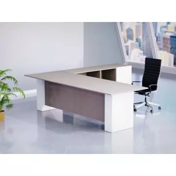 Mahmayi L-shaped executive desk in light concrete and premium white finish styled in a modern office setting with black executive chair