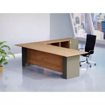 Mahmayi L-shaped executive desk in Natural Dijon Walnut and Lava Grey with side return cabinet styled in a modern office setting