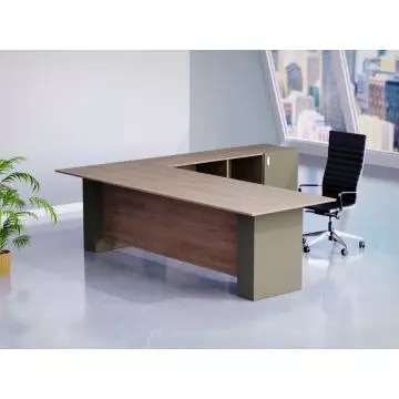 Mahmayi L-shaped executive desk in Truffle Davos Oak and Lava Grey finish styled in a modern office setting with executive chair and city view