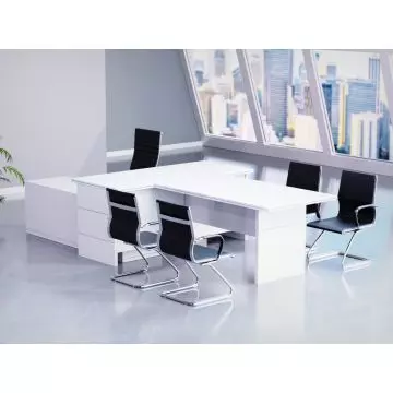 Mahmayi Premium White executive L-shaped desk styled in a modern office with black visitor chairs and city view
