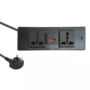 Mahmayi black BS01 recessed desktop socket with dual universal power outlets USB-A and USB-C ports shown with UK plug cable