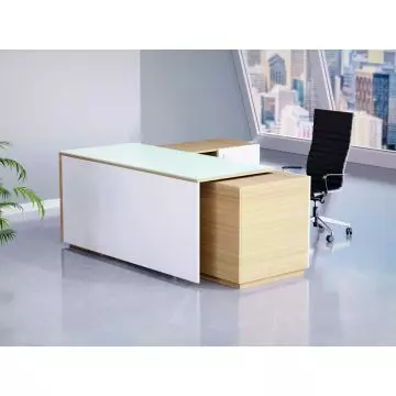 L shaped glass top executive desk with white panel and coco bolo wood finish in office